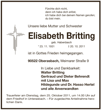 Traueranzeige von Elisabeth Britting von Pegnitz-Zeitung